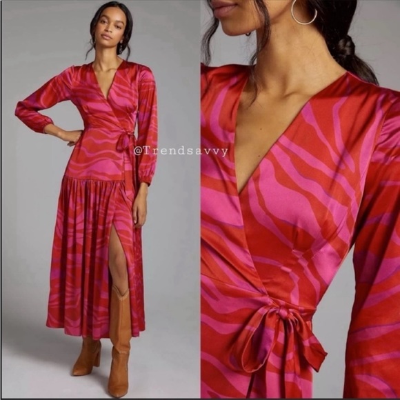Anthropologie Dresses & Skirts - ANTHROPOLOGIE Zebra Striped Wrap Maxi Dress V-Neck Puffed Sleeve Hutch Pink NWT